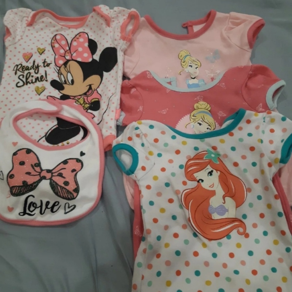 4 Disney baby girl onesies and a bib